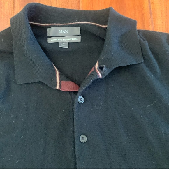M&S Navy Blue Merino Wool Extra Fine Knit Long Sleeve Polo Shirt Sweater Size M - Picture 2 of 9